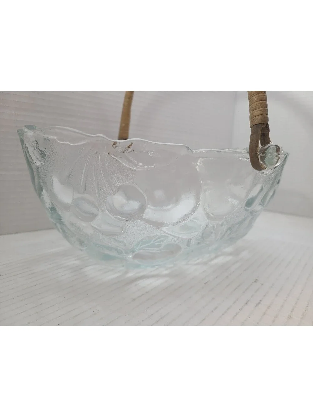Mid Century Modern Embossed Clear Pressed Glass Fruit Basket Bowl Rattan Handle